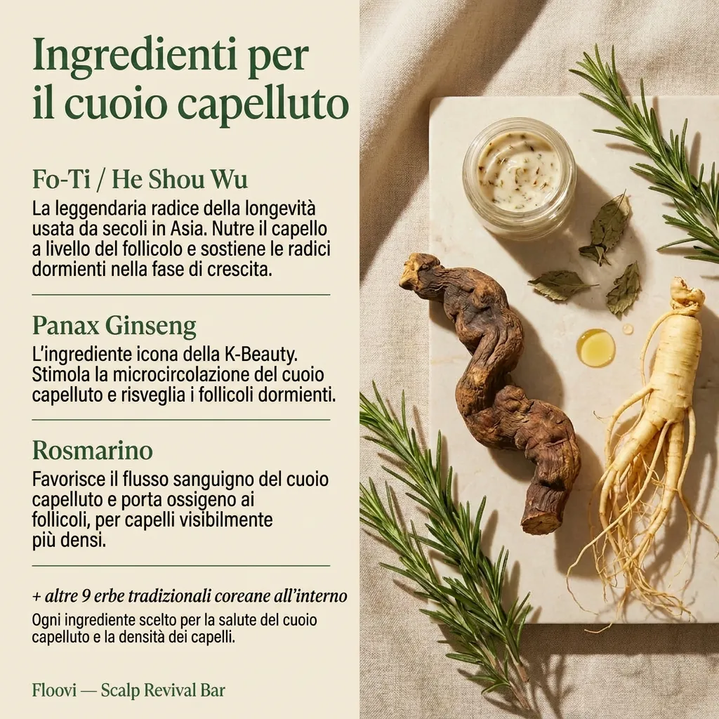 Ingredienti per il cuoio capelluto: Fo-Ti, Panax Ginseng, Rosmarino
